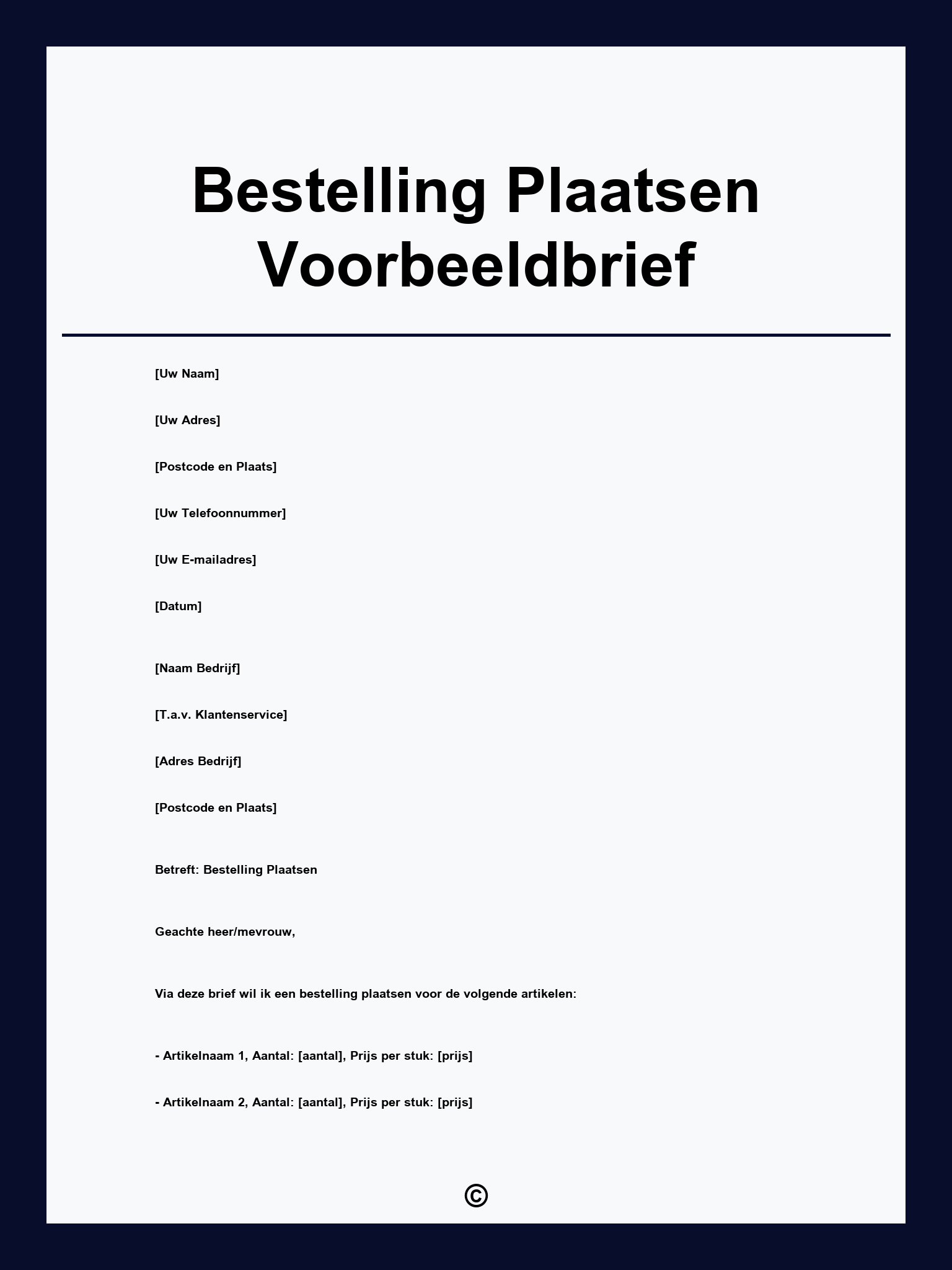 Bestelling Plaatsen Voorbeeldbrief