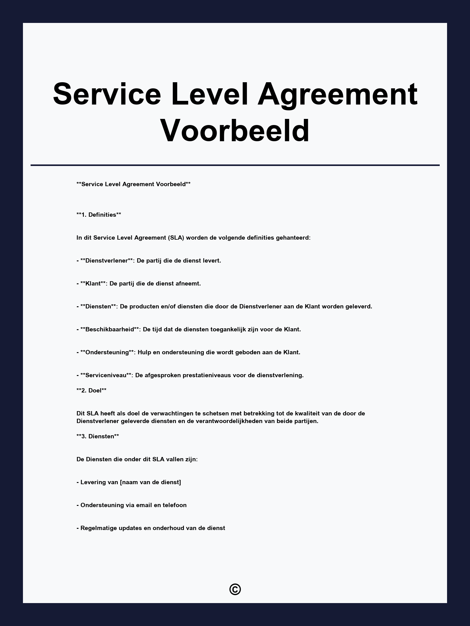 Service Level Agreement Voorbeeld